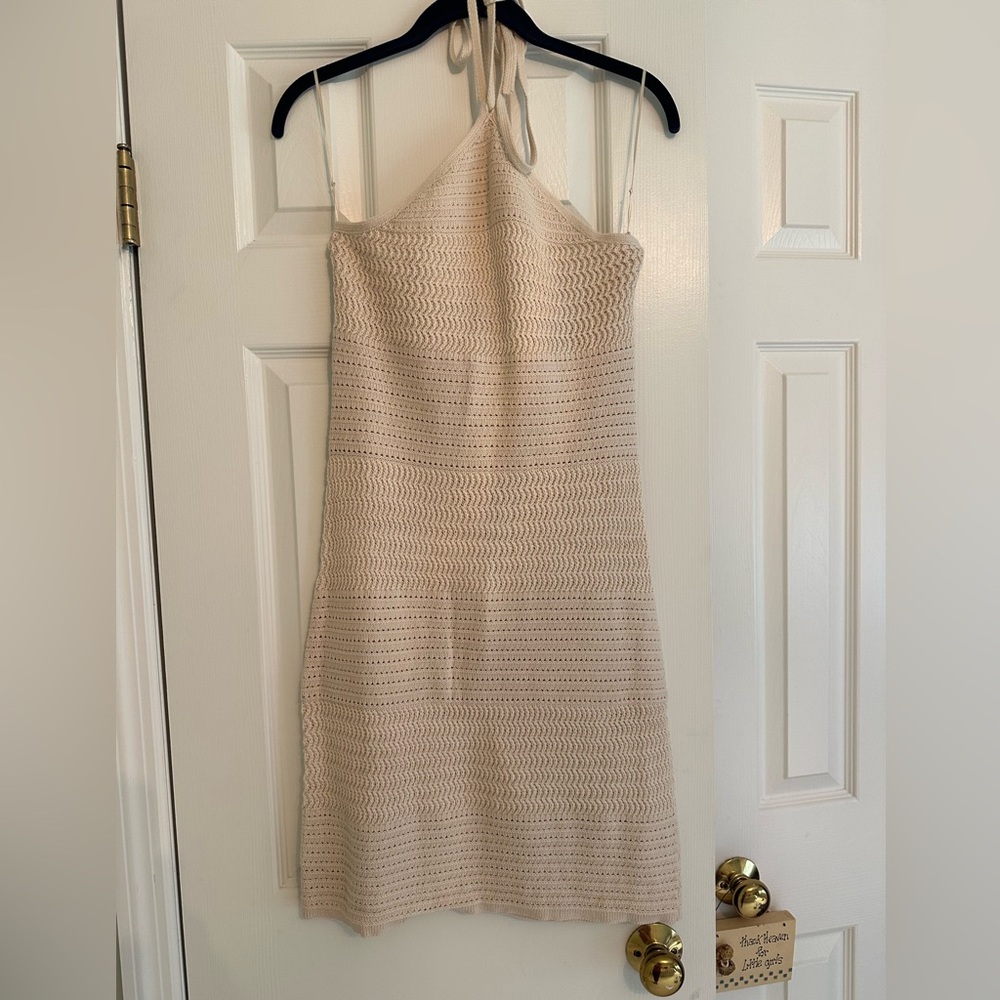 French Connection beige crochet halter dress